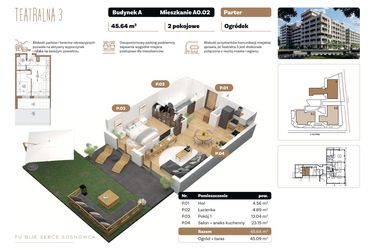 Rzut - Mieszkanie na sprzedaż 2 pokoje o powierzchni 45,64 m² - numer A 0.02 w Teatralna 3 - etap II