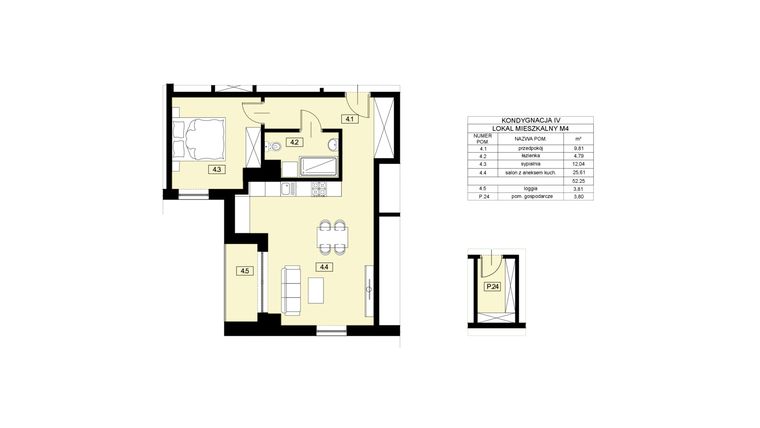 Rzut - Mieszkanie na sprzedaż 2 pokoje o powierzchni 52,25 m² - numer M4 w Nowy Świat 22