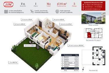 Rzut - Mieszkanie na sprzedaż 3 pokoje o powierzchni 47,93 m² - numer 2 w Tęczowy Zakątek F-15