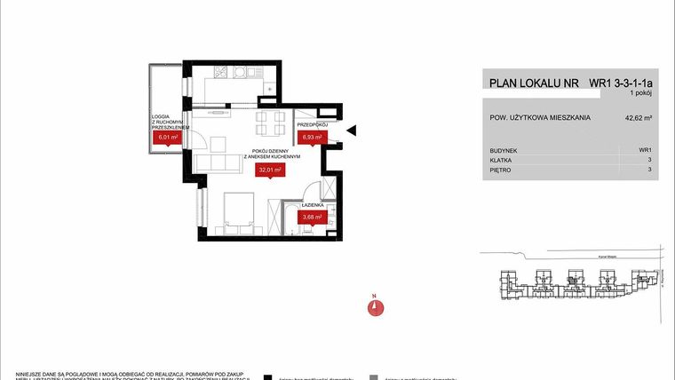 Rzut - Mieszkanie na sprzedaż 1 pokój o powierzchni 42,61 m² - numer WR1 3/3/1/1a w Przystań Reymonta