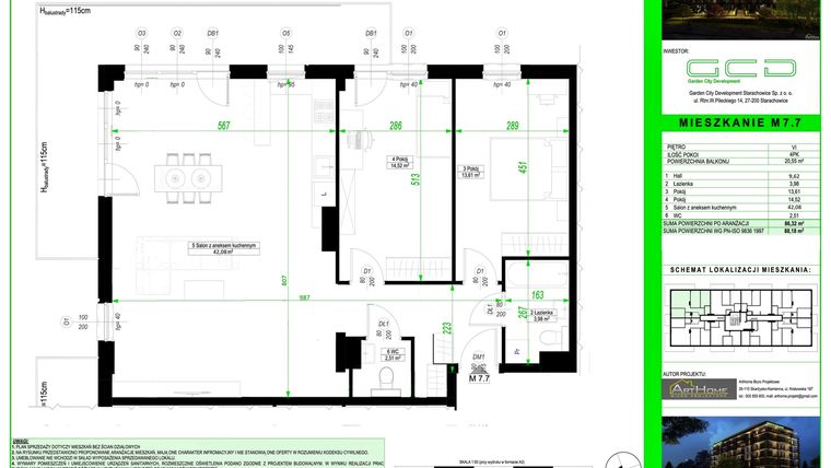 Rzut - Mieszkanie na sprzedaż 3 pokoje o powierzchni 86,32 m² - numer 7.7. w City Park Apartments