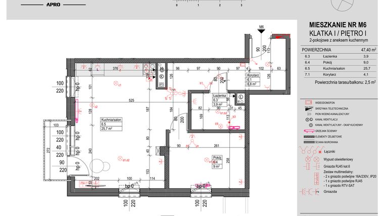 Rzut - Mieszkanie na sprzedaż 2 pokoje o powierzchni 47,4 m² - numer M6 w Antczaka 46