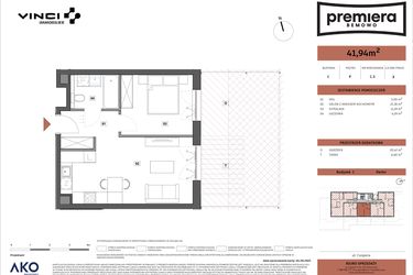 Rzut - Mieszkanie na sprzedaż 2 pokoje o powierzchni 41,94 m² - numer C.03 w Premiera Bemowo