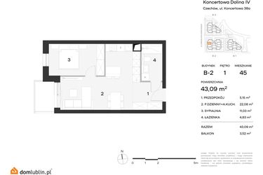 Rzut - Mieszkanie na sprzedaż 1 pokój o powierzchni 43,09 m² - numer 45 w Koncertowa Dolina