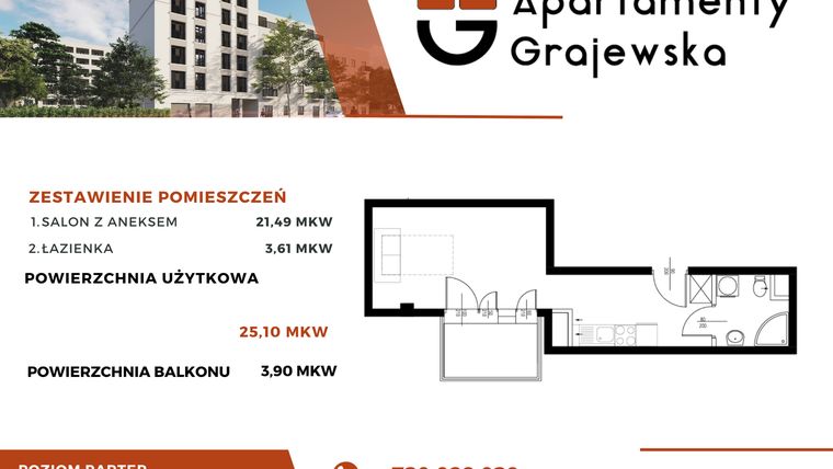 Rzut - Mieszkanie na sprzedaż 1 pokój o powierzchni 25,5 m² - numer M-2 w Apartamenty Grajewska