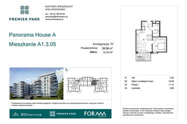 Rzut - Mieszkanie na sprzedaż 2 pokoje o powierzchni 39,58 m² - numer A1.3.05 w Premier Park II