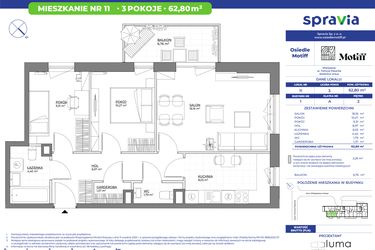 Rzut - Mieszkanie na sprzedaż 3 pokoje o powierzchni 62,8 m² - numer 1/11 w Osiedle Motiff