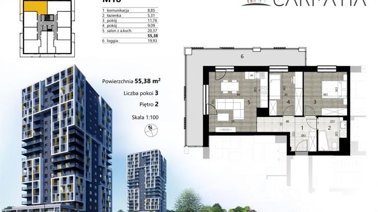 Rzut - Mieszkanie na sprzedaż 3 pokoje o powierzchni 55,46 m² - numer A2.18 w Osiedle Carpatia Etap II