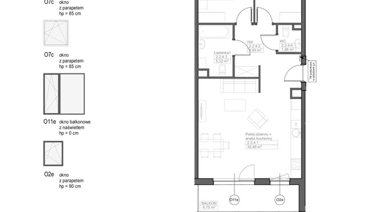 Rzut - Mieszkanie na sprzedaż 3 pokoje o powierzchni 70,34 m² - numer F.2.2.4 w Optima VII