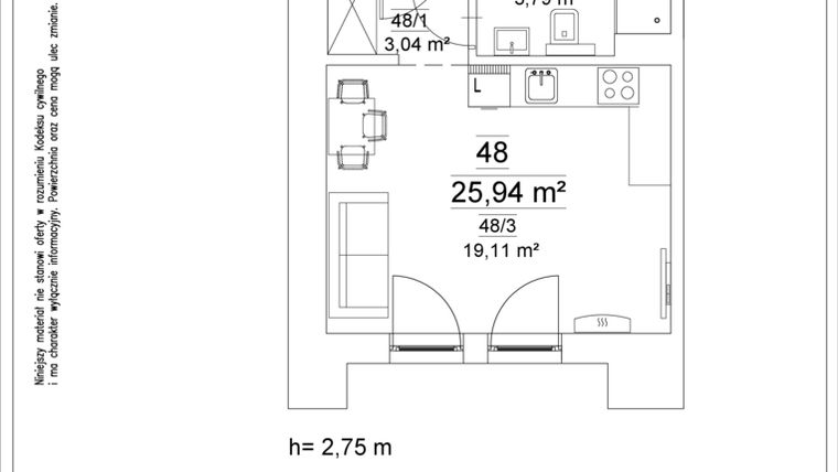 Rzut - Mieszkanie na sprzedaż 1 pokój o powierzchni 25,94 m² - numer 48 w Osiedle Teatralne 19 - apartamenty inwestycyjne