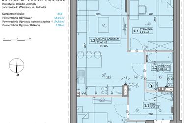 Rzut - Mieszkanie na sprzedaż 3 pokoje o powierzchni 54,95 m² - numer 65B w Osiedle Młodych etap X