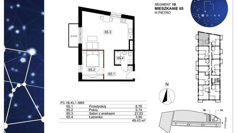 Rzut - Mieszkanie na sprzedaż 2 pokoje o powierzchni 49,43 m² - numer 39/65 w Zodiak