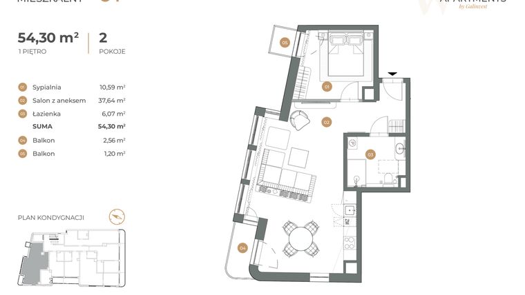 Rzut - Mieszkanie na sprzedaż 2 pokoje o powierzchni 54,3 m² - numer 1 w Witkiewicza Apartments