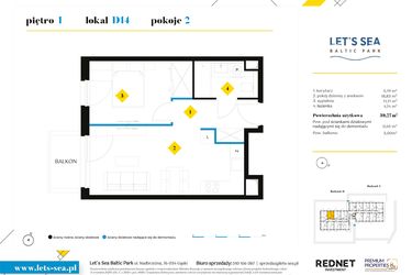Rzut - Mieszkanie na sprzedaż 2 pokoje o powierzchni 39,27 m² - numer D14 w Let's Sea Baltic Park II