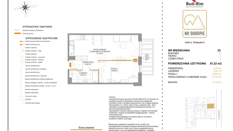 Rzut - Mieszkanie na sprzedaż 2 pokoje o powierzchni 51,33 m² - numer B23 w Na Skarpie bud. B