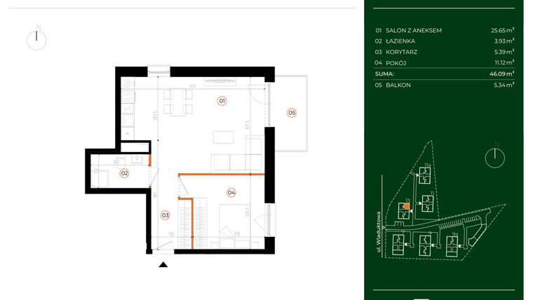 Rzut - Mieszkanie na sprzedaż 2 pokoje o powierzchni 46,09 m² - numer 13.21 w Wiaduktowa