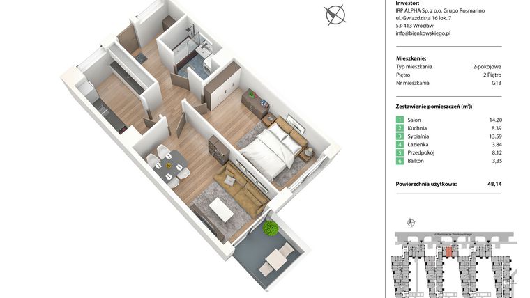 Rzut - Mieszkanie na sprzedaż 2 pokoje o powierzchni 48,14 m² - numer G13 w Nowe Żerniki Bieńkowskiego etap II