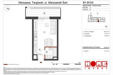 Rzut - Mieszkanie na sprzedaż 1 pokój o powierzchni 25,95 m² - numer B1-B104 w Warszawski Świt etap VIII