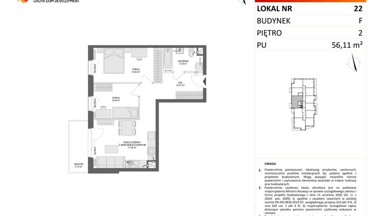 Rzut - Mieszkanie na sprzedaż 3 pokoje o powierzchni 56,28 m² - numer F.22 w Osiedle Synteza etap IV