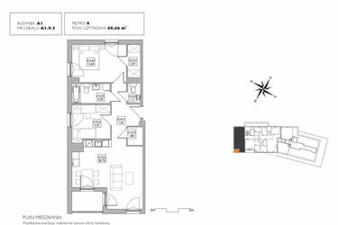 Rzut - Mieszkanie na sprzedaż 3 pokoje o powierzchni 69,46 m² - numer A1.9.3 w Alvarium 2.0