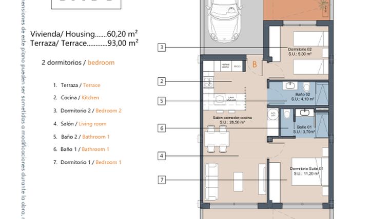 Rzut - Mieszkanie na sprzedaż 2 pokoje o powierzchni 60,2 m² - numer 1.0.B w LA Sunrise - Los Alcázares