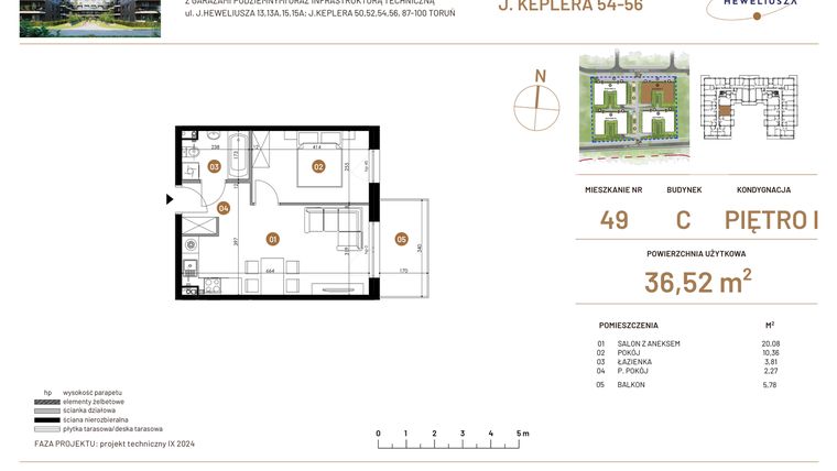 Rzut - Mieszkanie na sprzedaż 2 pokoje o powierzchni 36,52 m² - numer JAR-III-C-LM-M49 w Osiedle JAR Heweliusza etap III