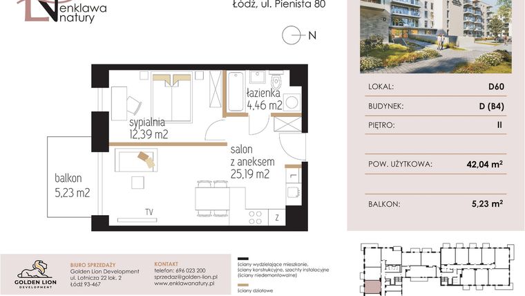 Rzut - Mieszkanie na sprzedaż 2 pokoje o powierzchni 42,04 m² - numer D60 w Enklawa Natury