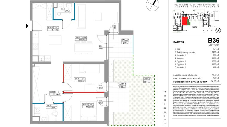 Rzut - Mieszkanie na sprzedaż 3 pokoje o powierzchni 81,47 m² - numer B036 w Grunwald Między Drzewami etap II
