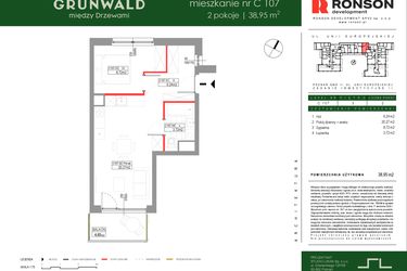 Rzut - Mieszkanie na sprzedaż 2 pokoje o powierzchni 38,95 m² - numer C107 w Grunwald Między Drzewami etap III