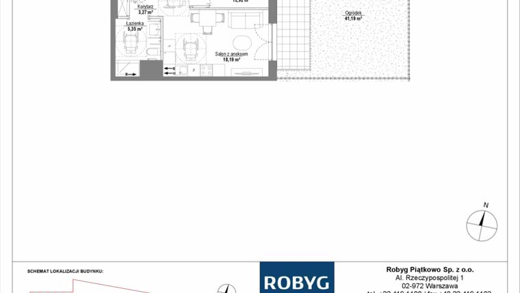Rzut - Mieszkanie na sprzedaż 2 pokoje o powierzchni 39,73 m² - numer H2_0M04 w Piątkowo Residence etap II