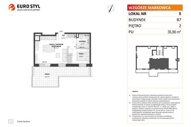 Rzut - Mieszkanie na sprzedaż 2 pokoje o powierzchni 36,86 m² - numer B7 8 w Wzgórze Markowca