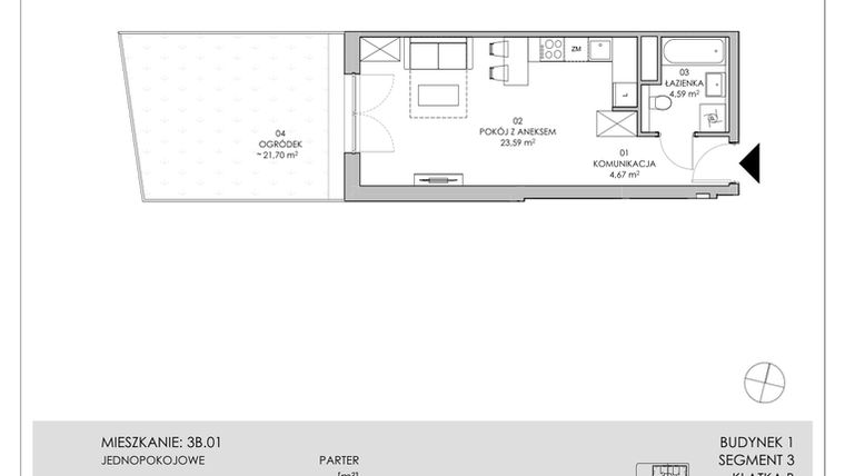 Rzut - Mieszkanie na sprzedaż 1 pokój o powierzchni 32,85 m² - numer 3B.01 w Skwer Harmonia II