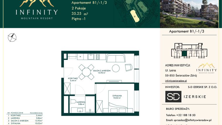 Rzut - Mieszkanie na sprzedaż 2 pokoje o powierzchni 35,25 m² - numer B1/-1/3 w Infinity Mountain Resort etap 2