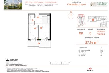 Rzut - Mieszkanie na sprzedaż 2 pokoje o powierzchni 37,14 m² - numer 16.8 w Osiedle Nowe Horyzonty etap II