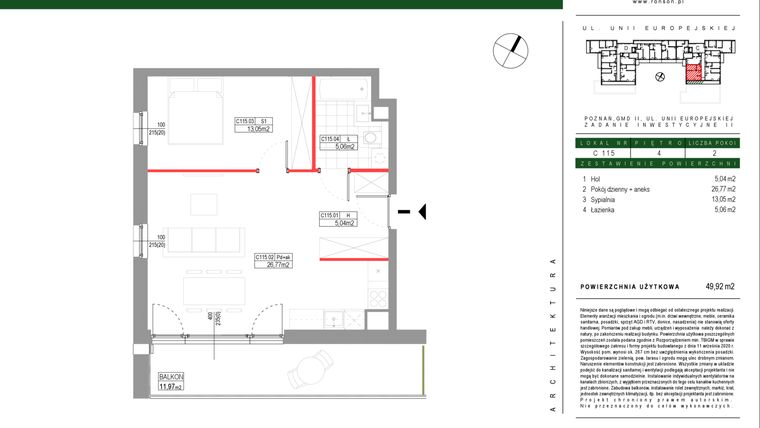 Rzut - Mieszkanie na sprzedaż 2 pokoje o powierzchni 49,92 m² - numer C115 w Grunwald Między Drzewami etap III