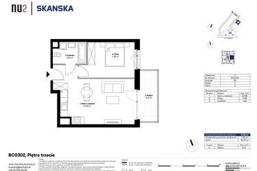 Rzut - Mieszkanie na sprzedaż 2 pokoje o powierzchni 41,55 m² - numer BC0302 w NU2 Warszawa Wola