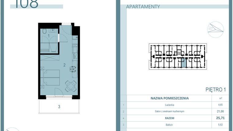 Rzut - Mieszkanie na sprzedaż 1 pokój o powierzchni 25,71 m² - numer 108 w Linea Mare Mrzeżyno