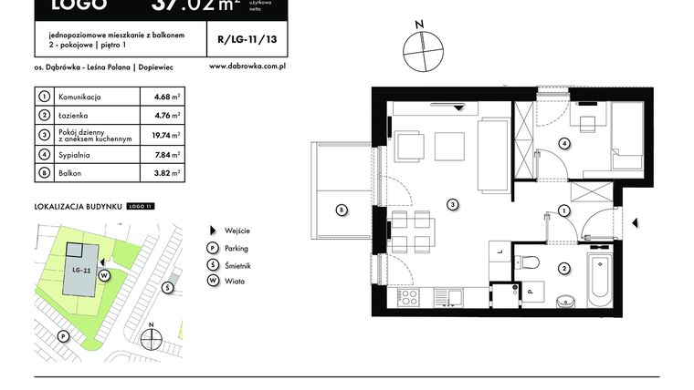 Rzut - Mieszkanie na sprzedaż 2 pokoje o powierzchni 37,02 m² - numer R-LG-11-13 w os. Dąbrówka – Leśna Polana