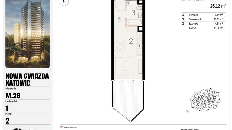 Rzut - Mieszkanie na sprzedaż 1 pokój o powierzchni 25,12 m² - numer M.28 w Nowa Gwiazda