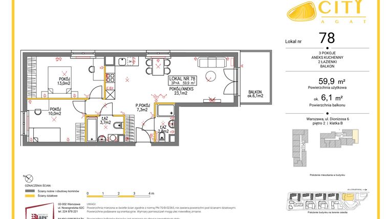 Rzut - Mieszkanie na sprzedaż 3 pokoje o powierzchni 59,9 m² - numer 78 w Comfort City Agat