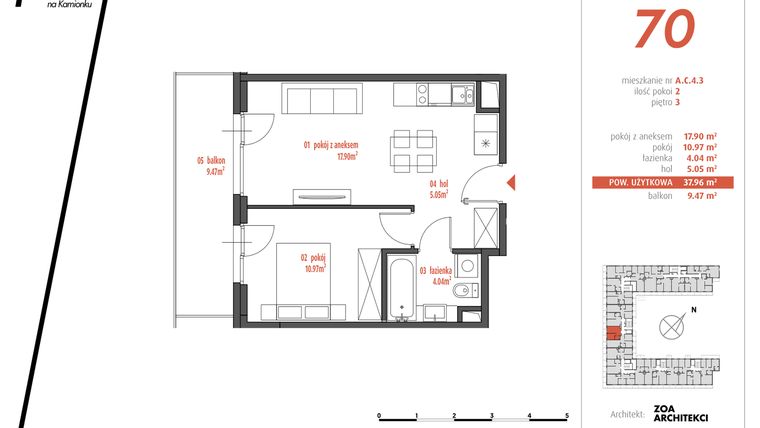 Rzut - Mieszkanie na sprzedaż 2 pokoje o powierzchni 37,96 m² - numer AC4.3 w PUR