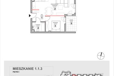 Rzut - Mieszkanie na sprzedaż 2 pokoje o powierzchni 40,97 m² - numer 1.1.3 w Zakątek Harmonia III