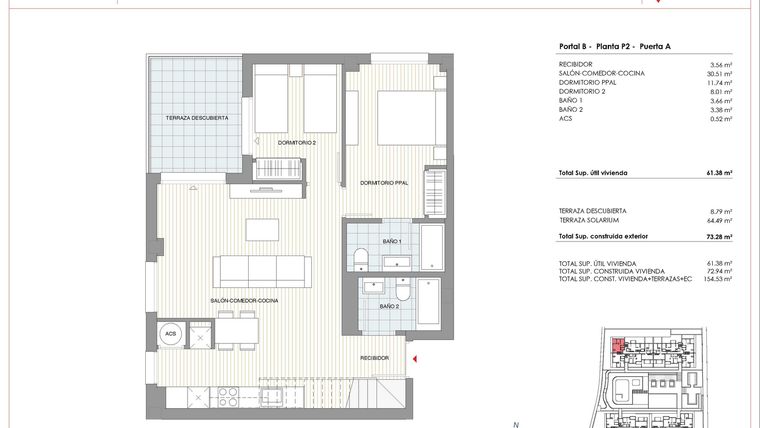 Rzut - Mieszkanie na sprzedaż 2 pokoje o powierzchni 72,94 m² - numer 3-A w Mieszkania w Denii - 47388119