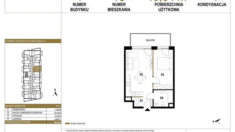 Rzut - Mieszkanie na sprzedaż 2 pokoje o powierzchni 40,64 m² - numer 1.M18 w Osiedle Saturna