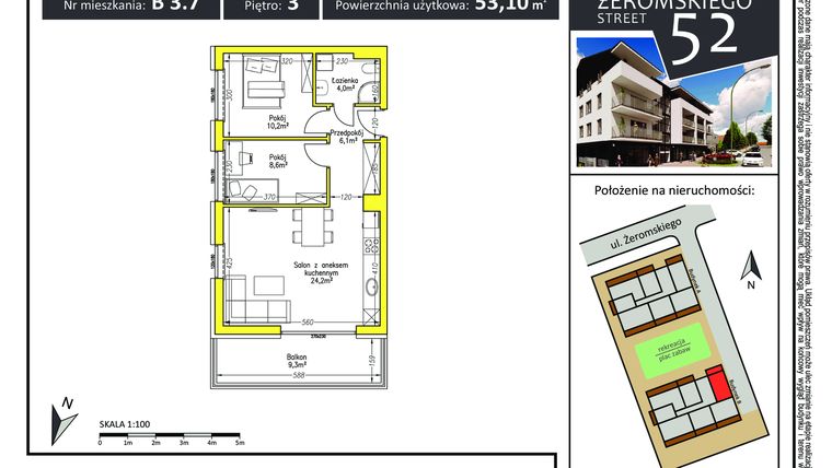 Rzut - Mieszkanie na sprzedaż 3 pokoje o powierzchni 52,98 m² - numer B 3.7 w Żeromskiego Street 52