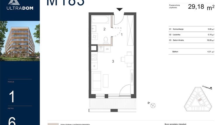 Rzut - Mieszkanie na sprzedaż 1 pokój o powierzchni 29,18 m² - numer M183 w Ultradom