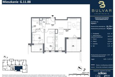 Rzut - Mieszkanie na sprzedaż 3 pokoje o powierzchni 81,75 m² - numer G.11.88 w Bulvar Apartments - etap I