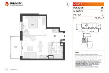 Rzut - Mieszkanie na sprzedaż 2 pokoje o powierzchni 38,05 m² - numer 66 w Locus 2