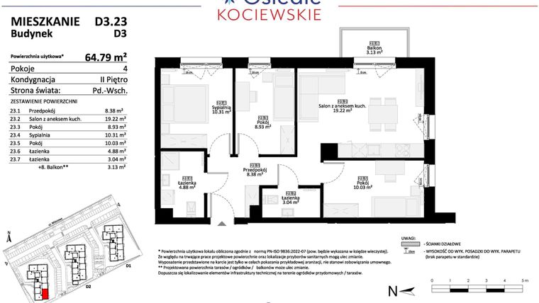 Rzut - Mieszkanie na sprzedaż 4 pokoje o powierzchni 64,79 m² - numer D3.23 w Osiedle Kociewskie etap IV