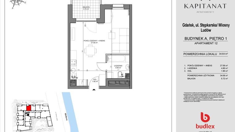 Rzut - Mieszkanie na sprzedaż 1 pokój o powierzchni 34,08 m² - numer A12 w Kapitanat A